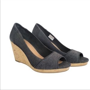 TOMS denim peep toe wedges